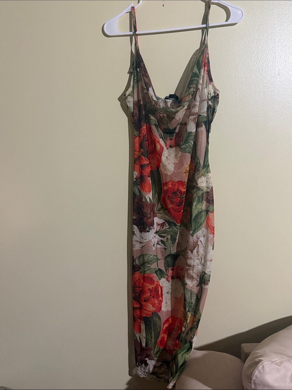 PrettyLittleThing Floral sheer Midi Dress - Red, Green, Cream